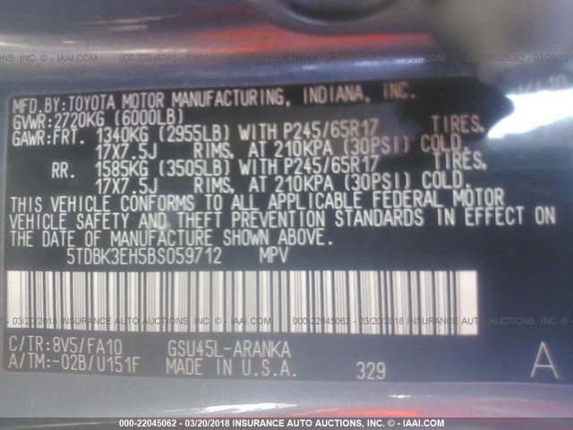 5TDBK3EH5BS059712 - 2011 TOYOTA HIGHLANDER SE Bleu photo 9