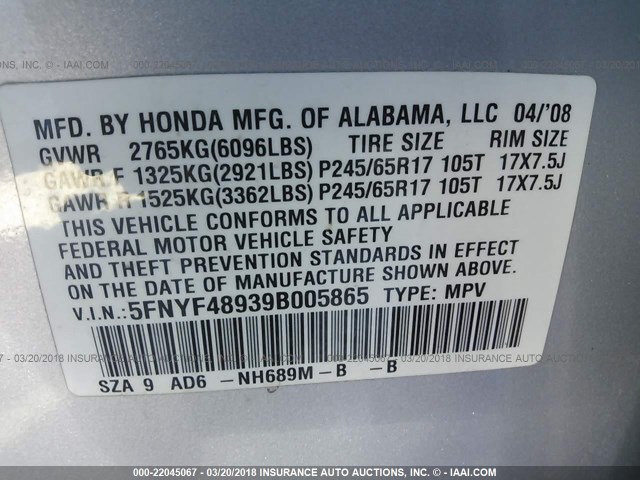 5FNYF48939B005865 - 2009 HONDA PILOT TOURING SILVER photo 9