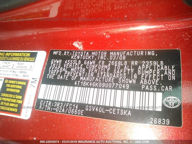 4T1BK46K09U077049 - 2009 TOYOTA CAMRY SE/LE/XLE 红色 照片 9