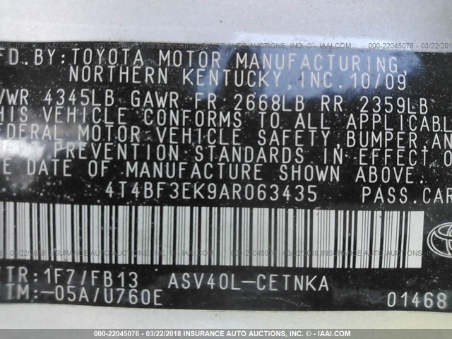 4T4BF3EK9AR063435 - 2010 TOYOTA CAMRY SE/LE/XLE SILVER photo 9