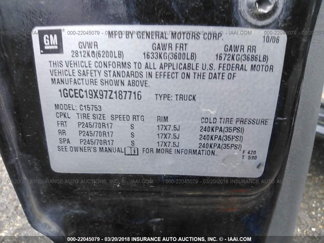 1GCEC19X97Z187716 - 2007 CHEVROLET SILVERADO C1500 CLASSIC BLACK photo 9