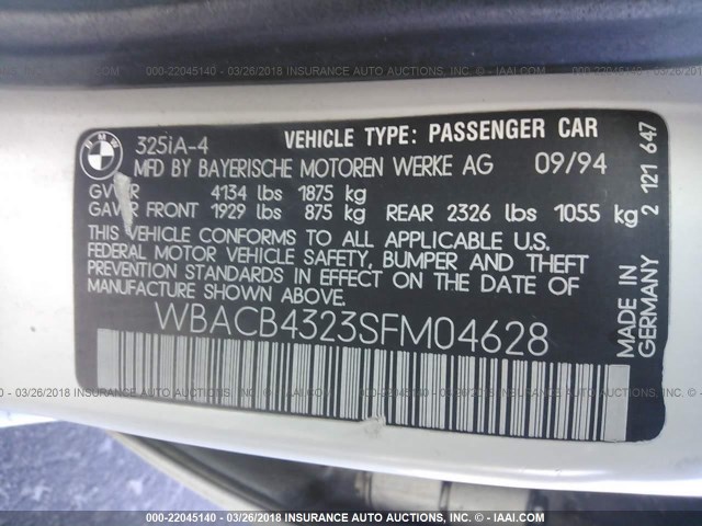 WBACB4323SFM04628 - 1995 BMW 325 I AUTOMATIC WHITE photo 9