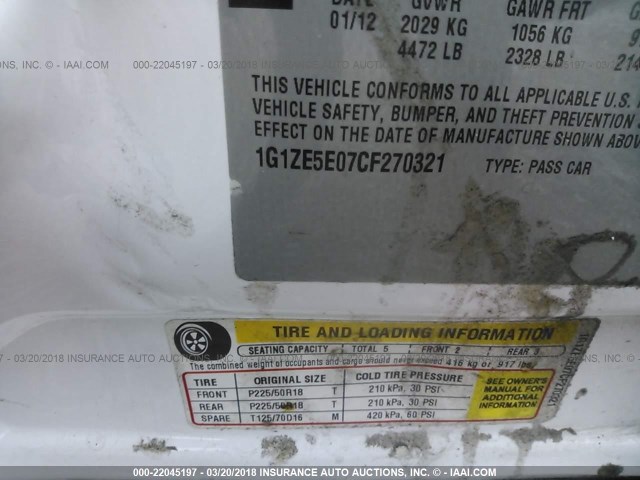 1G1ZE5E07CF270321 - 2012 CHEVROLET MALIBU LTZ WHITE photo 9