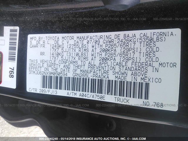 3TMJU62NX9M090594 - 2009 TOYOTA TACOMA DOUBLE CAB PRERUNNER BLACK photo 9