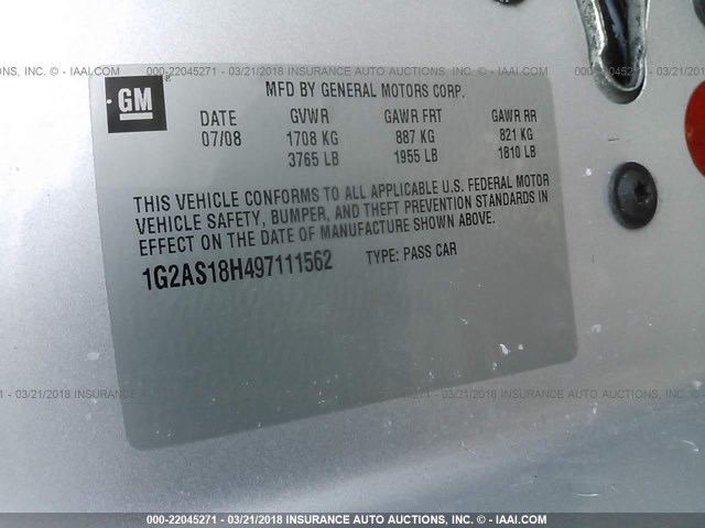 1G2AS18H497111562 - 2009 PONTIAC G5 SILVER photo 9