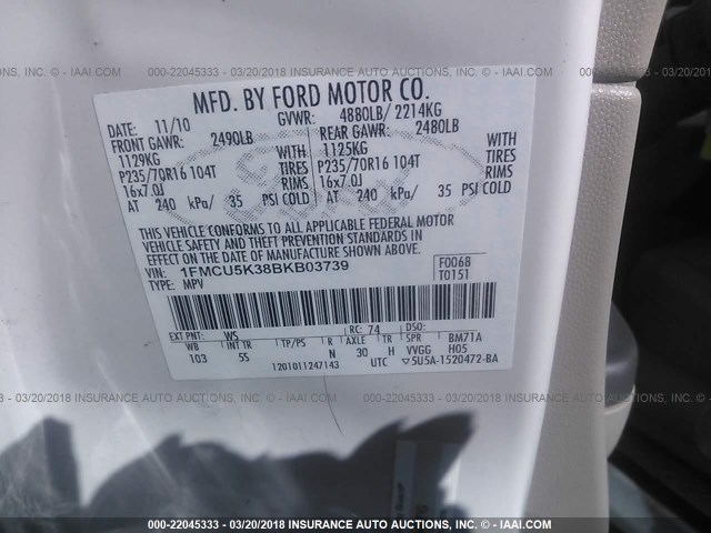 1FMCU5K38BKB03739 - 2011 FORD ESCAPE HYBRID WHITE photo 9