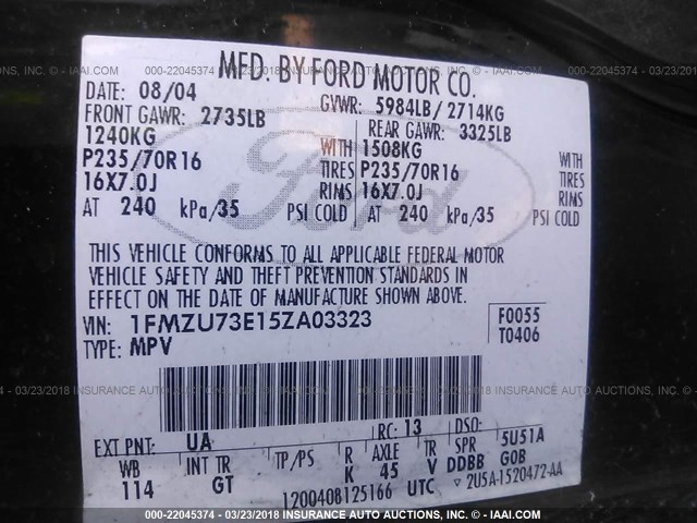 1FMZU73E15ZA03323 - 2005 FORD EXPLORER XLT/XLT SPORT/NBX BLACK photo 9