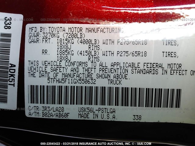 5TFHW5F11GX550632 - 2016 TOYOTA TUNDRA CREWMAX LIMITED RED photo 9