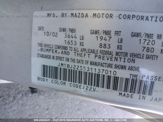 JM1BJ225531137010 - 2003 MAZDA PROTEGE DX/LX/ES SILVER photo 9