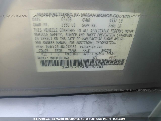 1N4CL21E48C242185 - 2008 NISSAN ALTIMA HYBRID SILVER photo 9