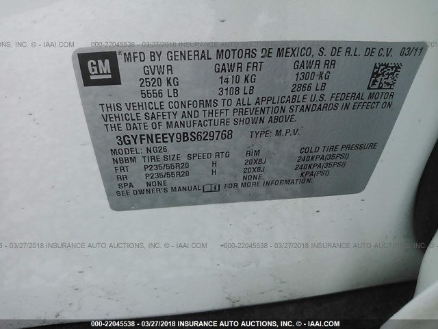 3GYFNEEY9BS629768 - 2011 CADILLAC SRX PERFORMANCE COLLECTION Ақ фото 9