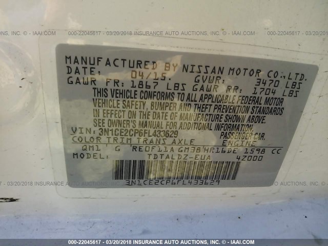 3N1CE2CP6FL433629 - 2015 NISSAN VERSA NOTE S/S PLUS/SV/SL/SR WHITE photo 9