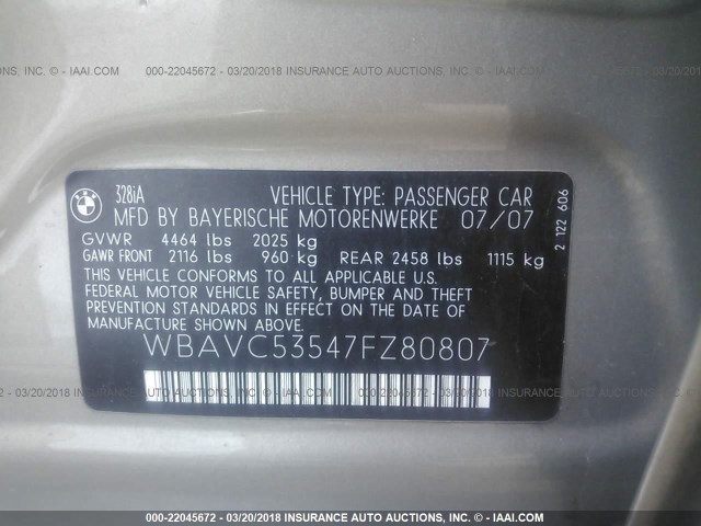 WBAVC53547FZ80807 - 2007 BMW 328 I SULEV Champagne photo 9