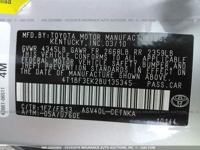 4T1BF3EK2BU135345 - 2011 TOYOTA CAMRY SE/LE/XLE SILVER photo 9