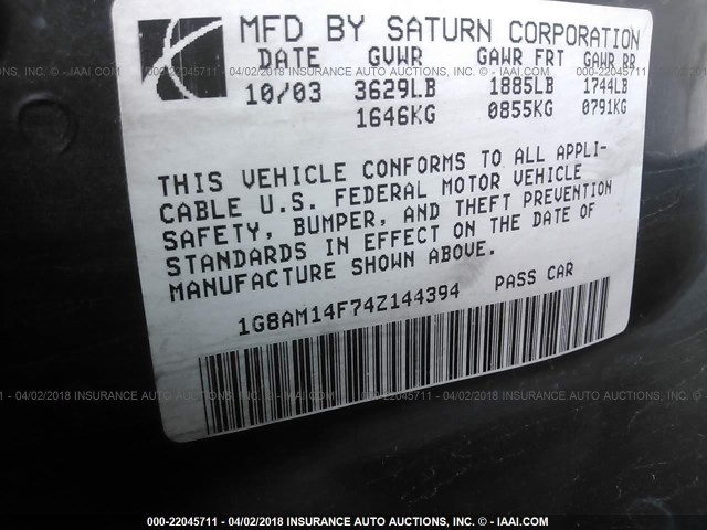 1G8AM14F74Z144394 - 2004 SATURN ION LEVEL 2 Qara foto 9