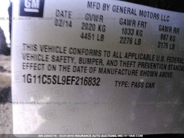 1G11C5SL9EF216832 - 2014 CHEVROLET MALIBU 1LT 黑色 照片 9