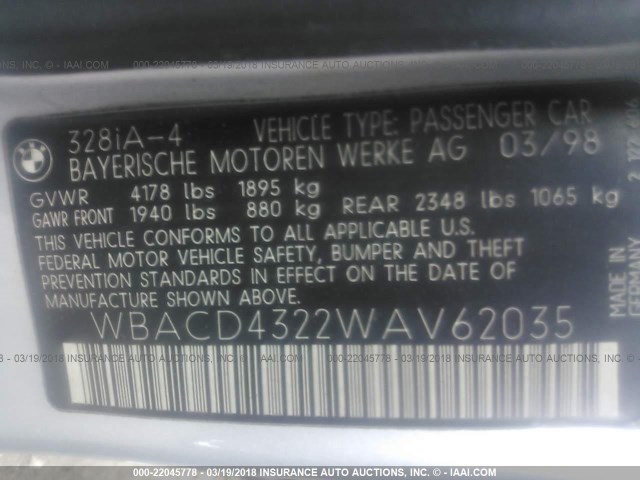 WBACD4322WAV62035 - 1998 BMW 328 I AUTOMATIC ვერცხლისფერი ფოტო 9