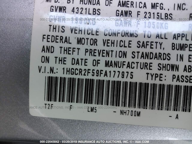 1HGCR2F59FA177975 - 2015 HONDA ACCORD SPORT 银色 照片 9