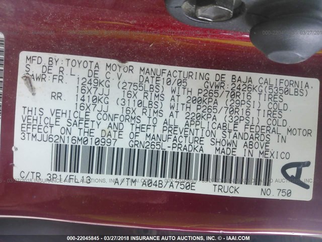 3TMJU62N16M010997 - 2006 TOYOTA TACOMA DOUBLE CAB PRERUNNER MAROON photo 9