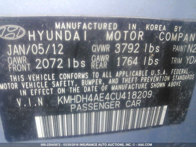 KMHDH4AE4CU418209 - 2012 HYUNDAI ELANTRA GLS/LIMITED Light Blue photo 9