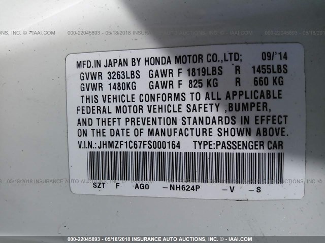 JHMZF1C67FS000164 - 2015 HONDA CR-Z EX WHITE photo 9