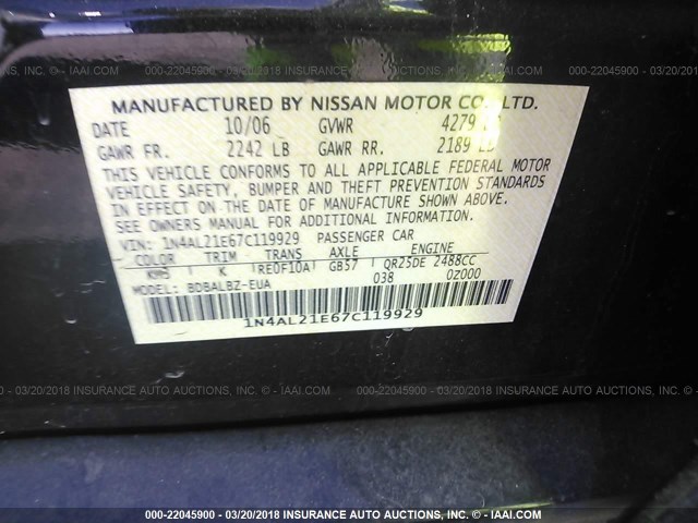 1N4AL21E67C119929 - 2007 NISSAN ALTIMA 2.5/2.5S BLACK photo 9