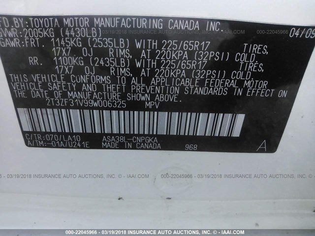 2T3ZF31V99W006325 - 2009 TOYOTA RAV4 LIMITED WHITE photo 9