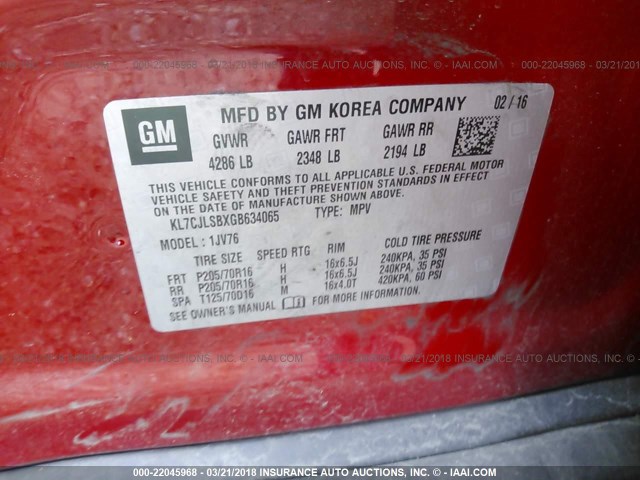 KL7CJLSBXGB634065 - 2016 CHEVROLET TRAX 1LT RED photo 9