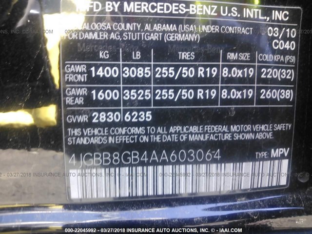 4JGBB8GB4AA603064 - 2010 MERCEDES-BENZ ML 350 4MATIC BLACK photo 9