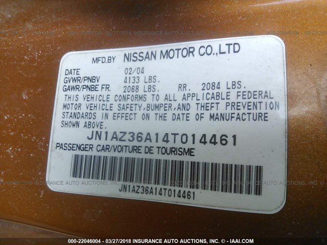 JN1AZ36A14T014461 - 2004 NISSAN 350Z ROADSTER ORANGE photo 9