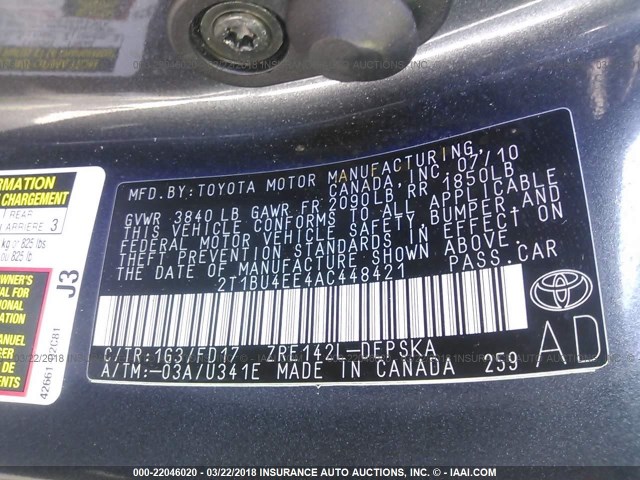 2T1BU4EE4AC448421 - 2010 TOYOTA COROLLA S/LE/XLE GRAY photo 9