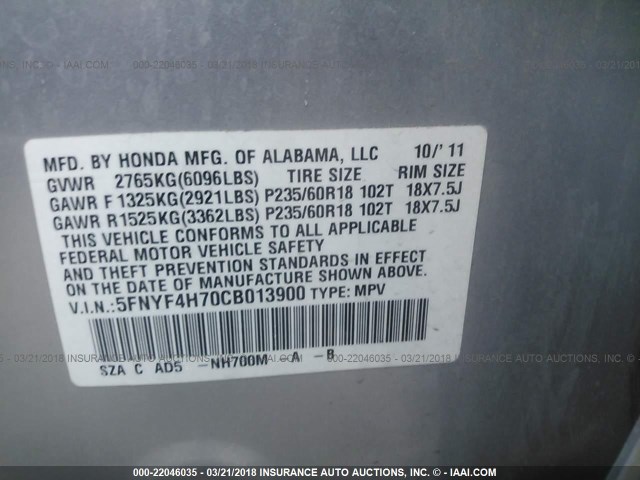 5FNYF4H70CB013900 - 2012 HONDA PILOT EXLN SILVER photo 9