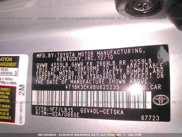 4T1BK3EK8BU625235 - 2011 TOYOTA CAMRY SE/LE/XLE SILVER photo 9