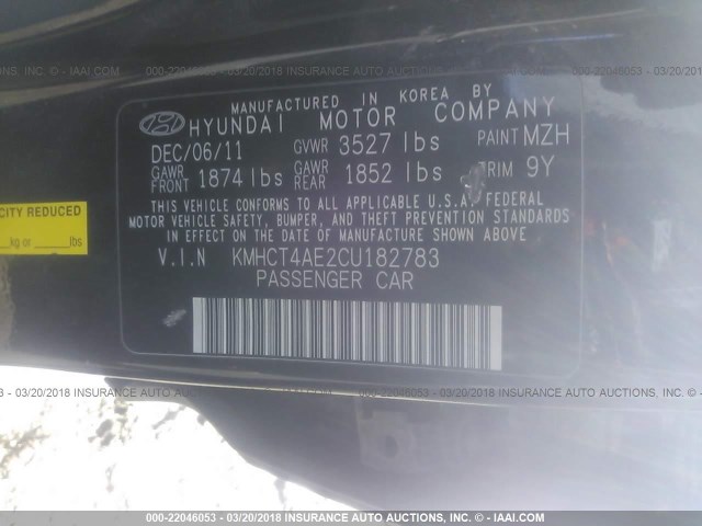 KMHCT4AE2CU182783 - 2012 HYUNDAI ACCENT GLS/GS BLACK photo 9