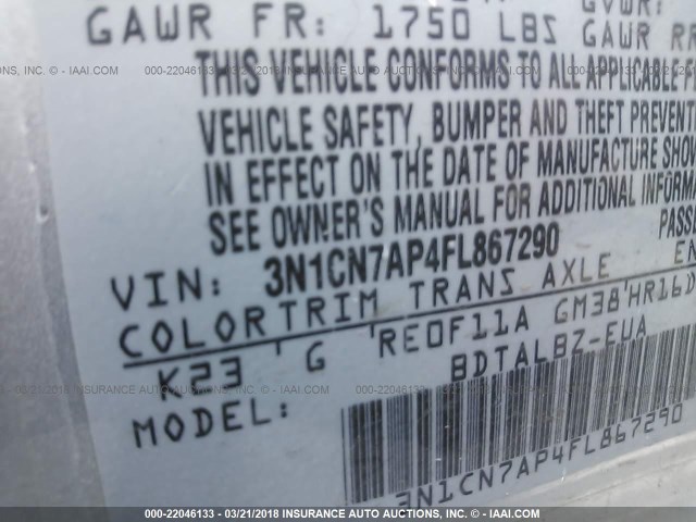 3N1CN7AP4FL867290 - 2015 NISSAN VERSA S/S PLUS/SV/SL SILVER photo 9