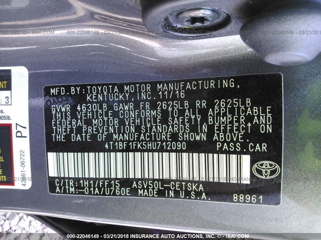 4T1BF1FK5HU712090 - 2017 TOYOTA CAMRY LE/XLE/SE/XSE GRAY photo 9