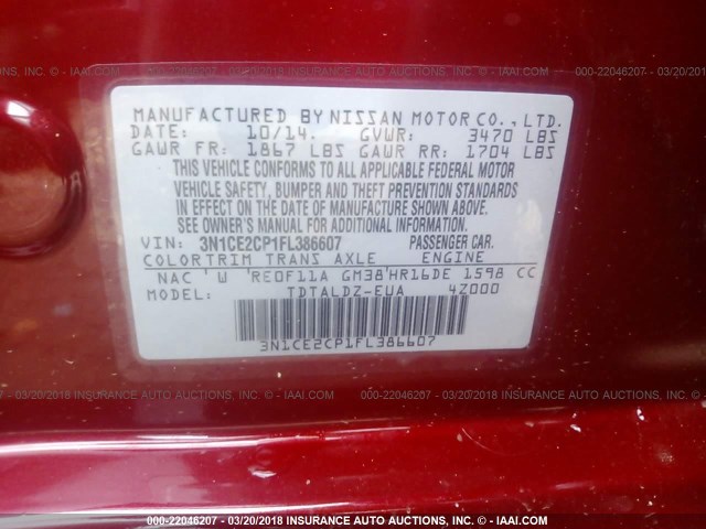 3N1CE2CP1FL386607 - 2015 NISSAN VERSA NOTE S/S PLUS/SV/SL/SR RED photo 9