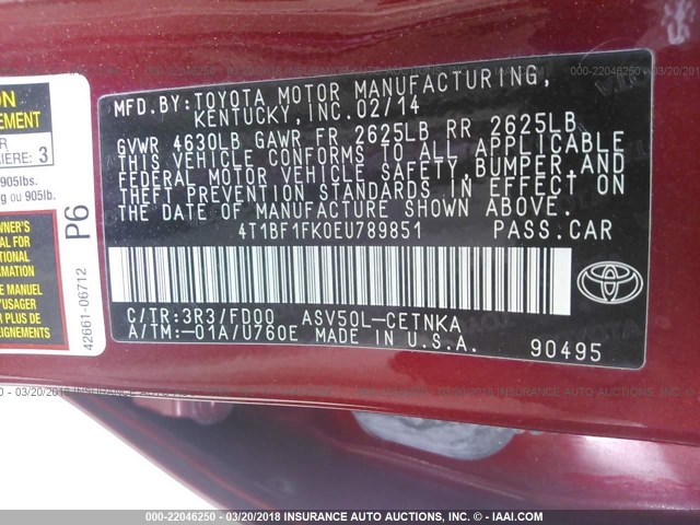 4T1BF1FK0EU789851 - 2014 TOYOTA CAMRY L/SE/LE/XLE RED photo 9