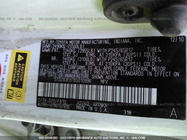 5TDZA3EH7BS010996 - 2011 TOYOTA HIGHLANDER SE WHITE photo 9