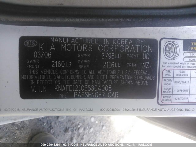 KNAFE121065304008 - 2006 KIA NEW SPECTRA LX/EX WHITE photo 9