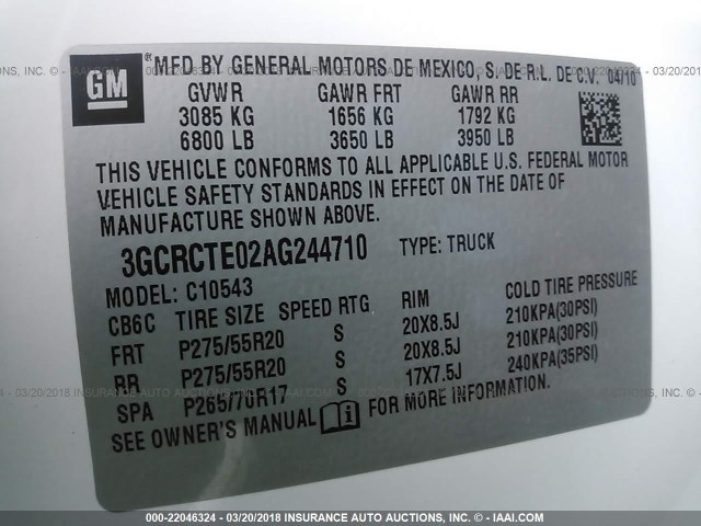 3GCRCTE02AG244710 - 2010 CHEVROLET SILVERADO C1500 LTZ WHITE photo 9