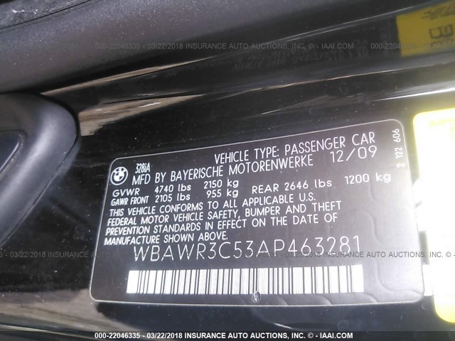 WBAWR3C53AP463281 - 2010 BMW 328 I SULEV BLACK photo 9