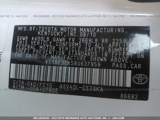 4T1BF3EK5BU637959 - 2011 TOYOTA CAMRY SE/LE/XLE WHITE photo 9