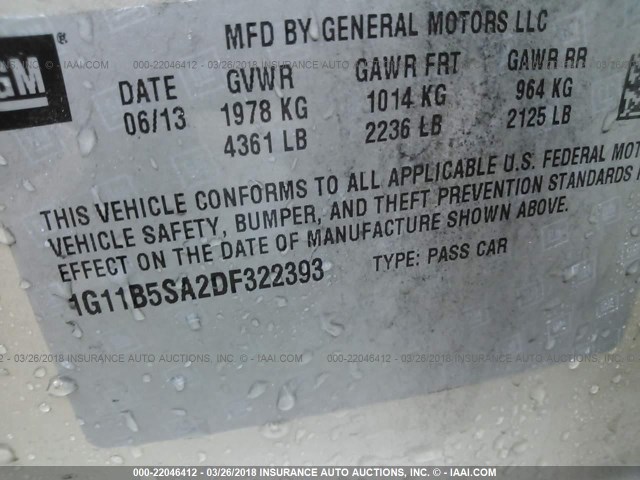 1G11B5SA2DF322393 - 2013 CHEVROLET MALIBU LS ოქროსფერი ფოტო 9