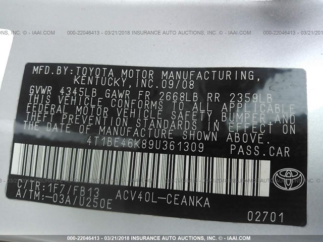 4T1BE46K89U361309 - 2009 TOYOTA CAMRY SE/LE/XLE SILVER photo 9