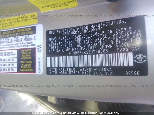 4T1BF3EK2BU738568 - 2011 TOYOTA CAMRY SE/LE/XLE Champagne photo 9