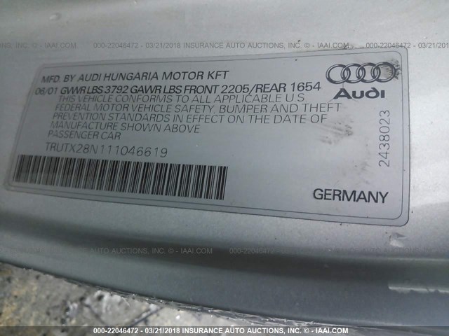 TRUTX28N111046619 - 2001 AUDI TT SILVER photo 9