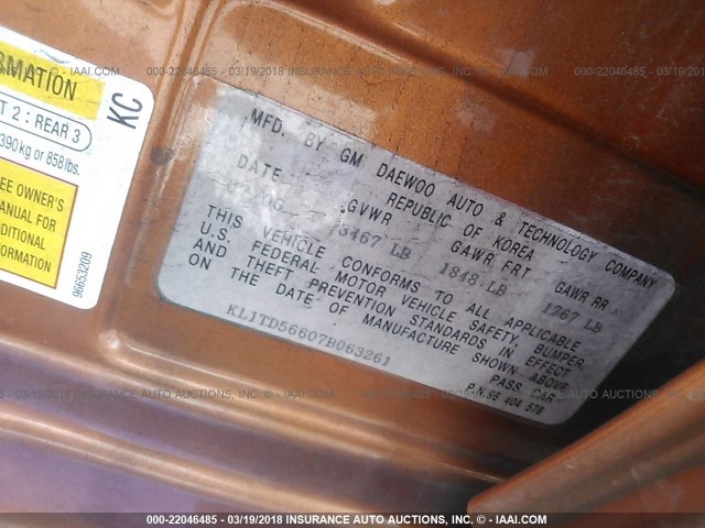 KL1TD56607B063261 - 2007 CHEVROLET AVEO LS ORANGE photo 9