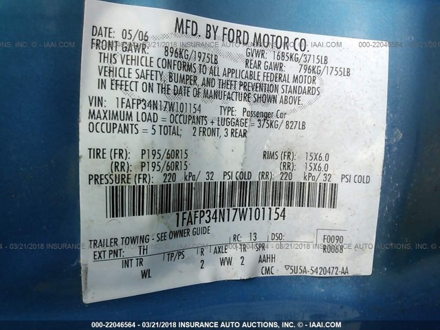 1FAFP34N17W101154 - 2007 FORD FOCUS ZX4/S/SE/SES 蓝色 照片 9