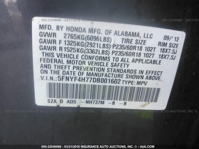 5FNYF4H77DB001602 - 2013 HONDA PILOT EXLN GRAY photo 9